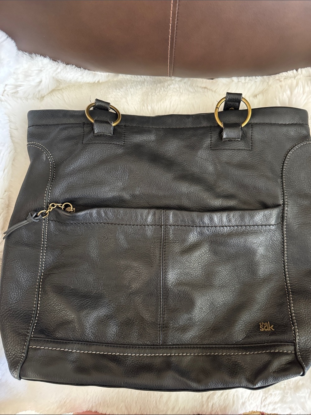The Sak Dark Brown Leather Tote with Brass Ring Handles